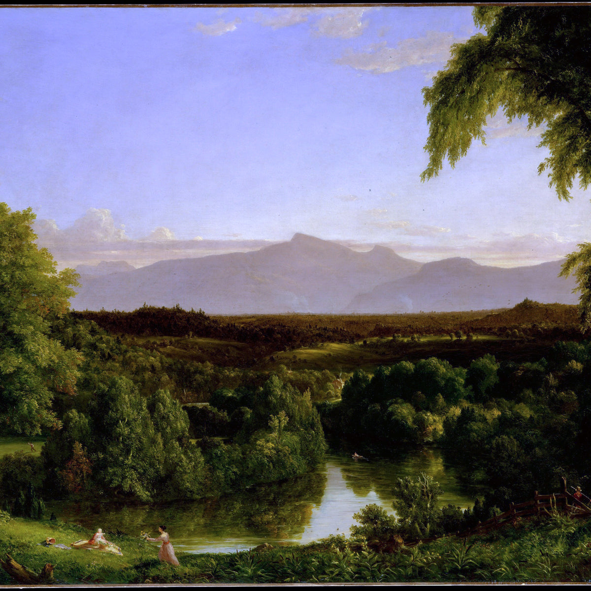 Peinture à l'huile de paysage - Scène de rivière hivernale avec personnages et chevaux