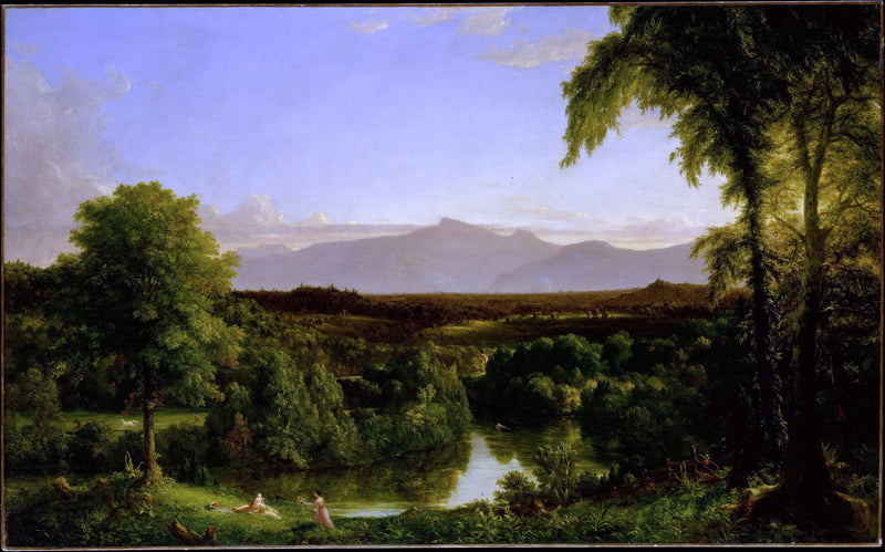 Peinture à l'huile de paysage - Scène de rivière hivernale avec personnages et chevaux