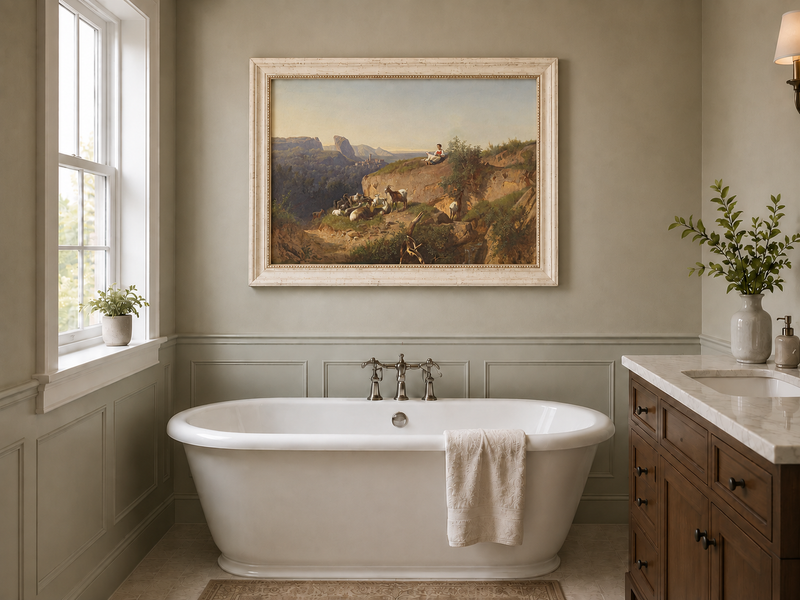 Landscape Oil Painting - Mountain Pastoral & Shepherdess