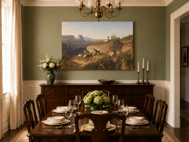 Landscape Oil Painting - Mountain Pastoral & Shepherdess