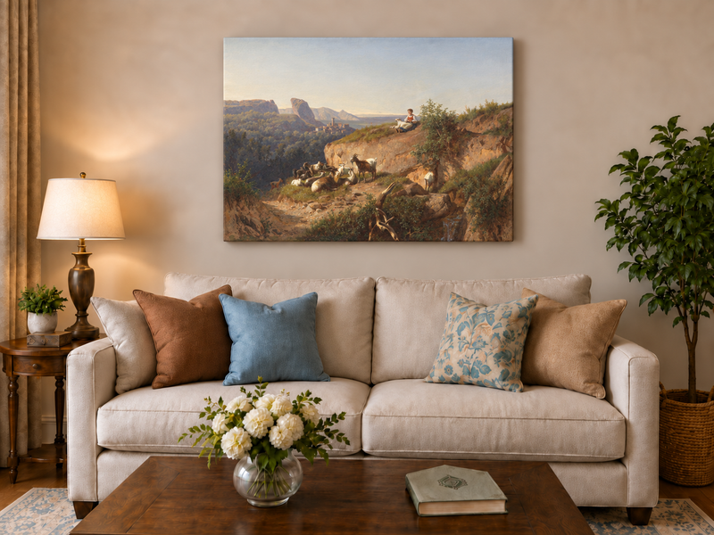 Landscape Oil Painting - Mountain Pastoral & Shepherdess