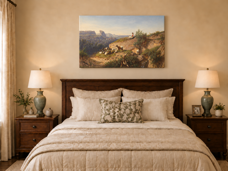 Landscape Oil Painting - Mountain Pastoral & Shepherdess