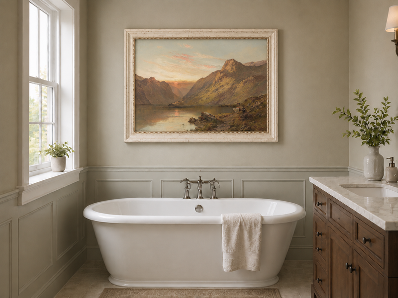 Landscape Oil Painting - Mountain Lake with Cattle & Sunset