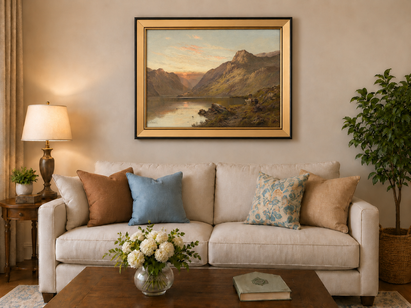 Landscape Oil Painting - Mountain Lake with Cattle & Sunset