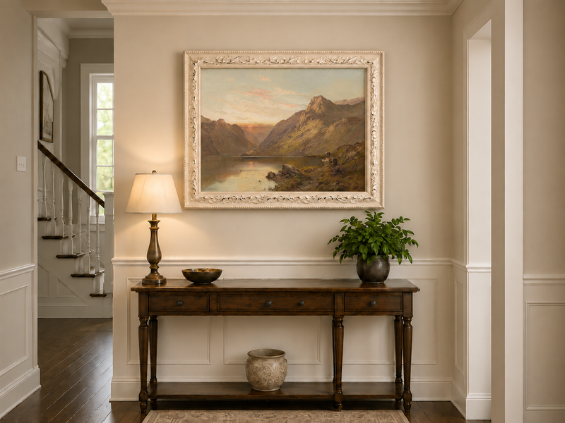 Landscape Oil Painting - Mountain Lake with Cattle & Sunset