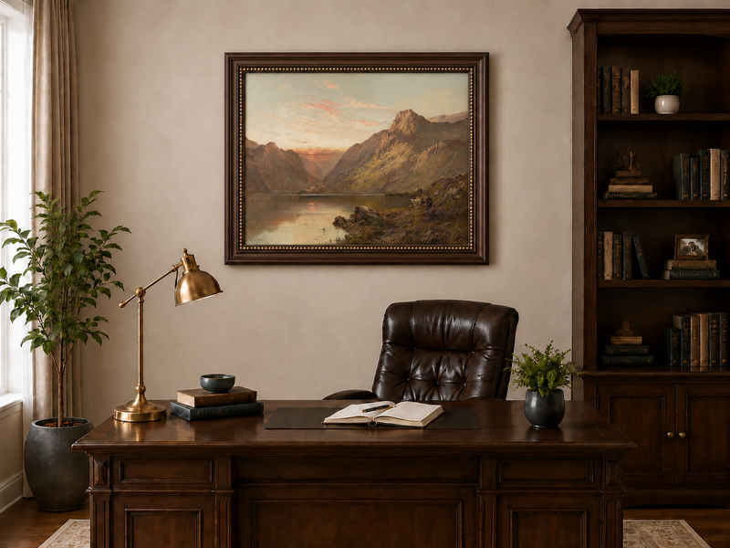 Landscape Oil Painting - Mountain Lake with Cattle & Sunset