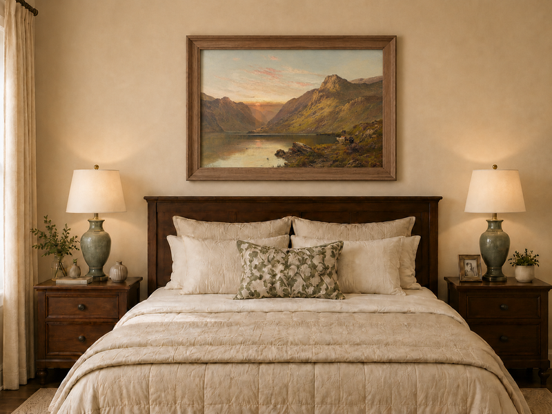 Landscape Oil Painting - Mountain Lake with Cattle & Sunset