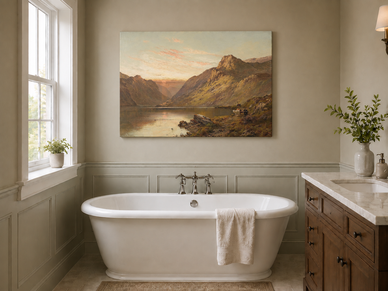 Landscape Oil Painting - Mountain Lake with Cattle & Sunset