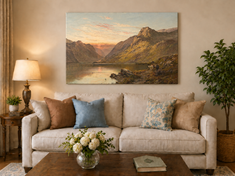 Landscape Oil Painting - Mountain Lake with Cattle & Sunset