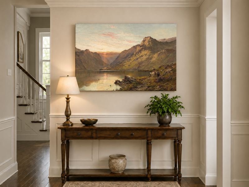 Landscape Oil Painting - Mountain Lake with Cattle & Sunset