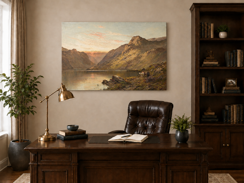 Landscape Oil Painting - Mountain Lake with Cattle & Sunset