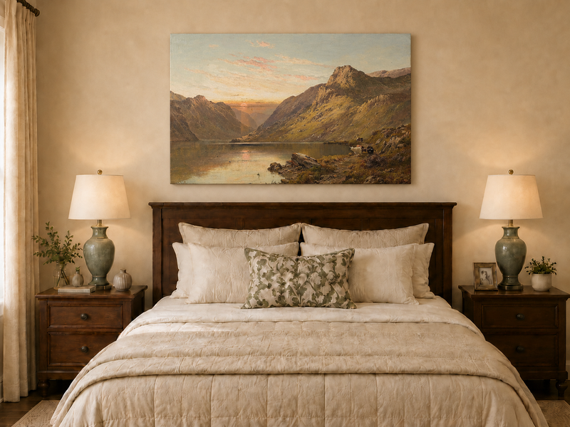 Landscape Oil Painting - Mountain Lake with Cattle & Sunset
