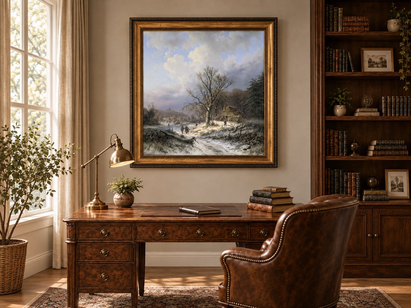Peinture à l'huile de paysage - Rivière printanière avec pêcheur et arbres