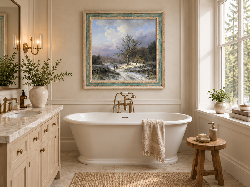Peinture à l'huile de paysage - Rivière printanière avec pêcheur et arbres