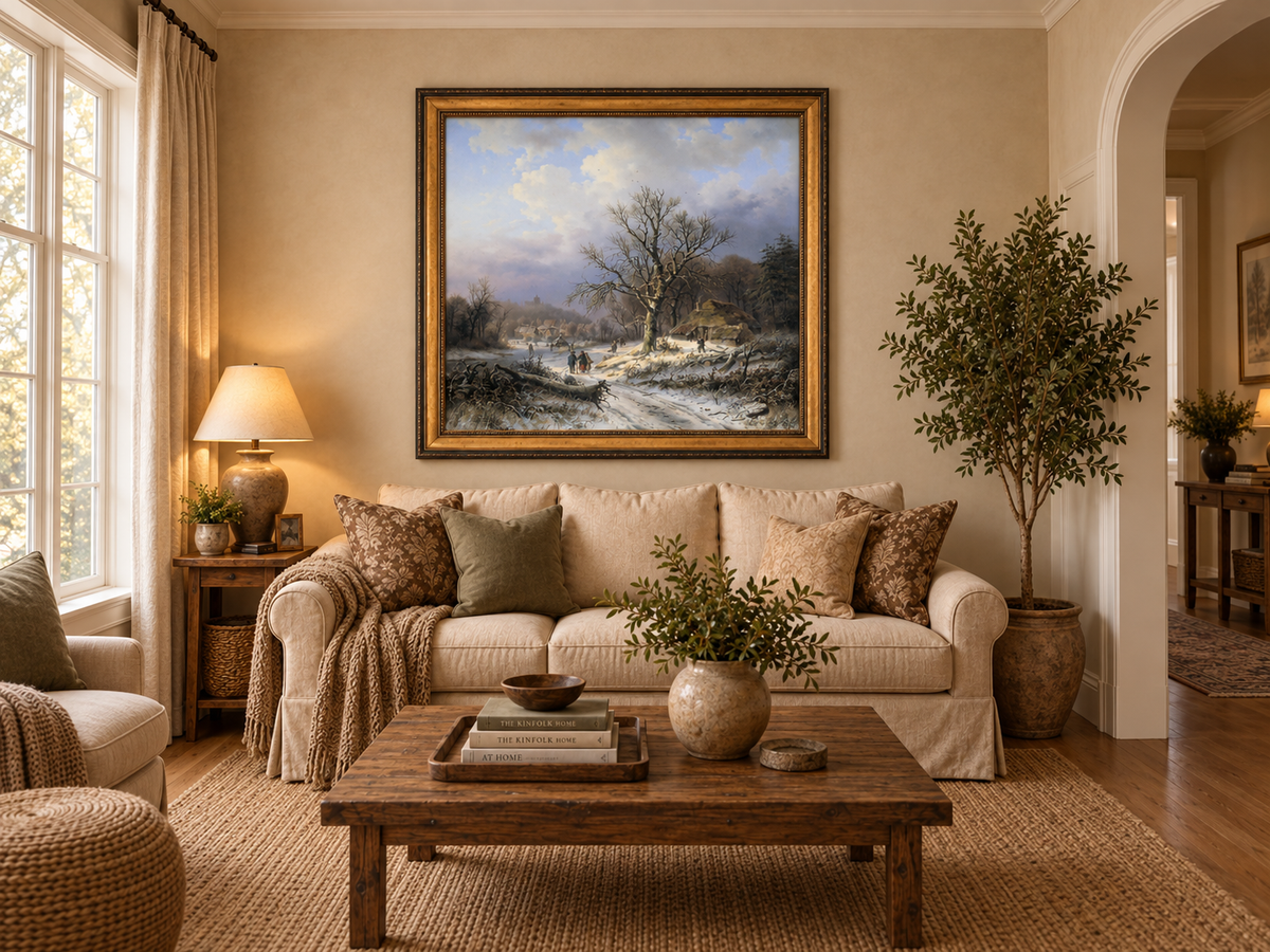 Peinture à l'huile de paysage - Rivière printanière avec pêcheur et arbres