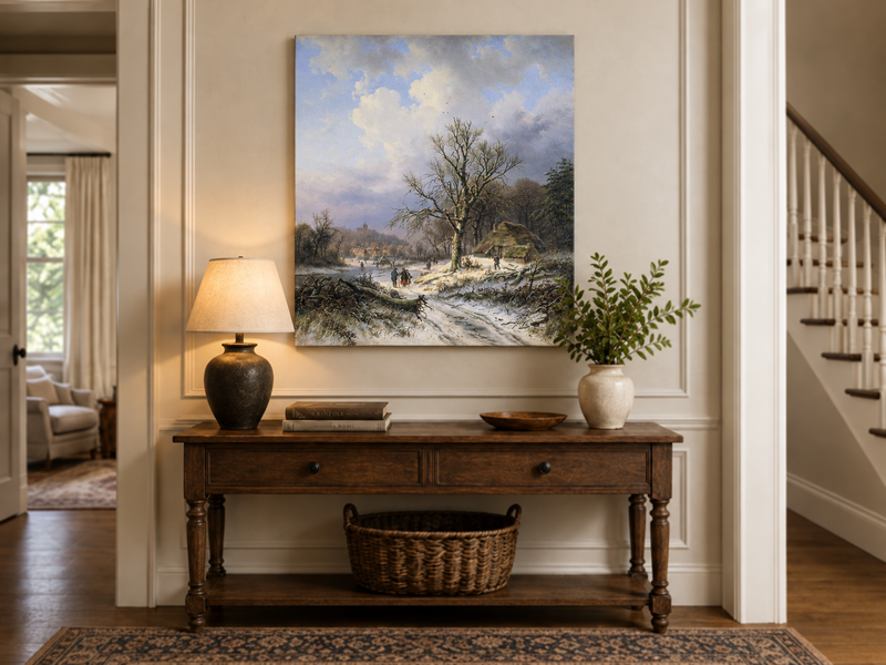 Peinture à l'huile de paysage - Rivière printanière avec pêcheur et arbres