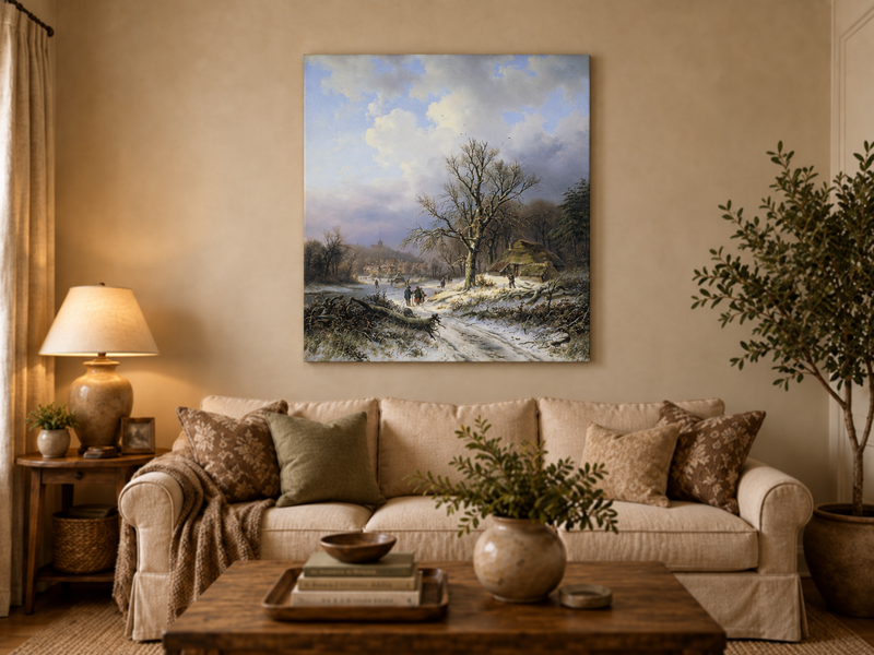 Peinture à l'huile de paysage - Rivière printanière avec pêcheur et arbres