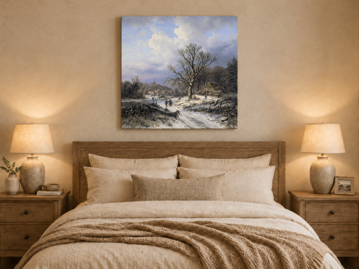Peinture à l'huile de paysage - Rivière printanière avec pêcheur et arbres