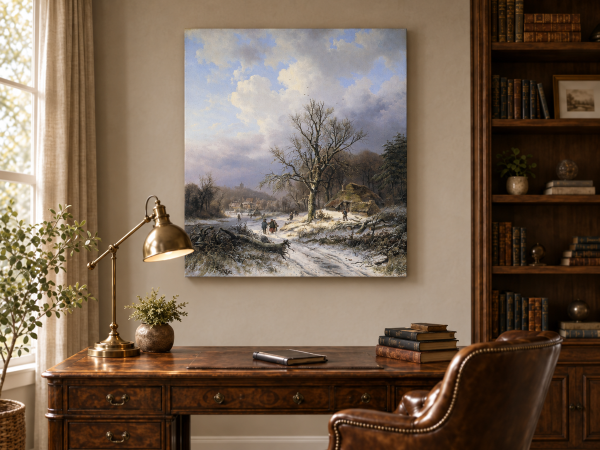 Peinture à l'huile de paysage - Rivière printanière avec pêcheur et arbres