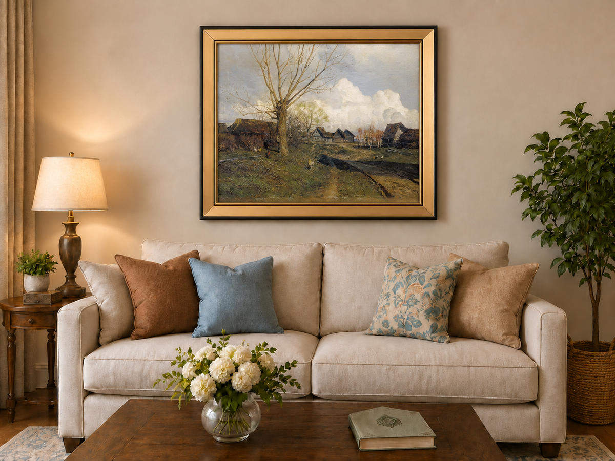 Landscape Oil Painting - Rustic Village with Bare Tree