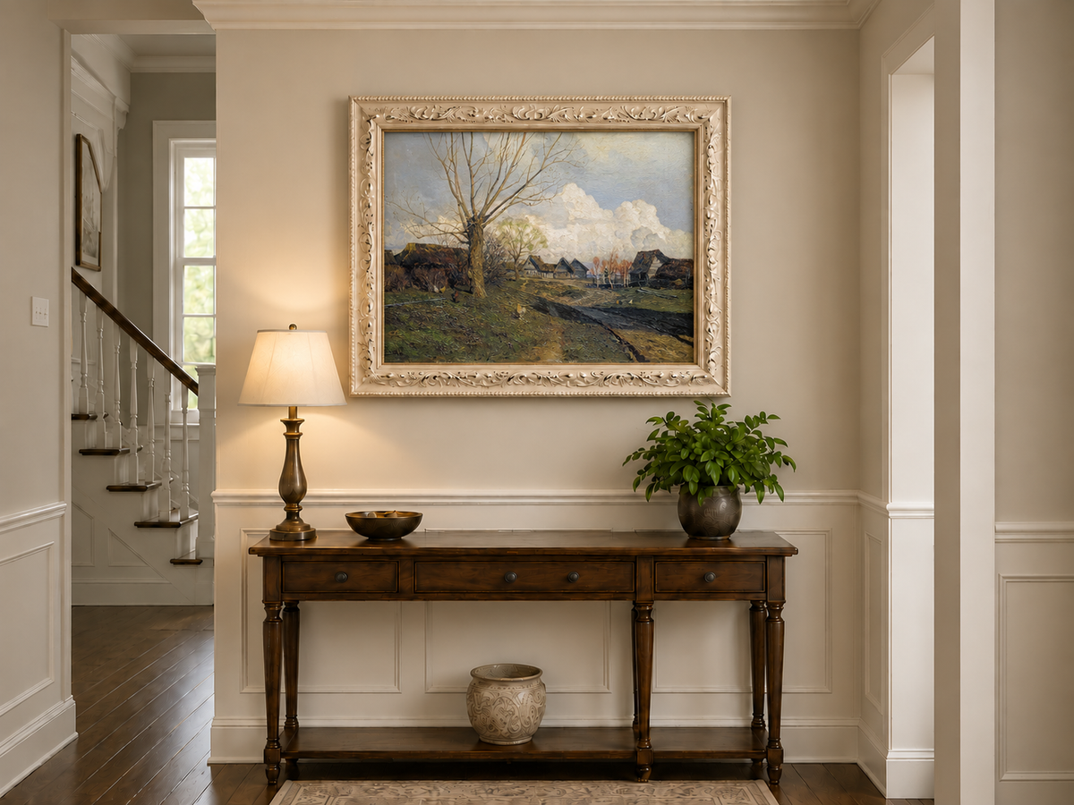 Landscape Oil Painting - Rustic Village with Bare Tree
