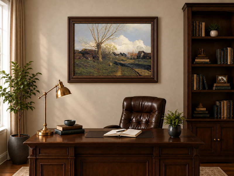 Landscape Oil Painting - Rustic Village with Bare Tree