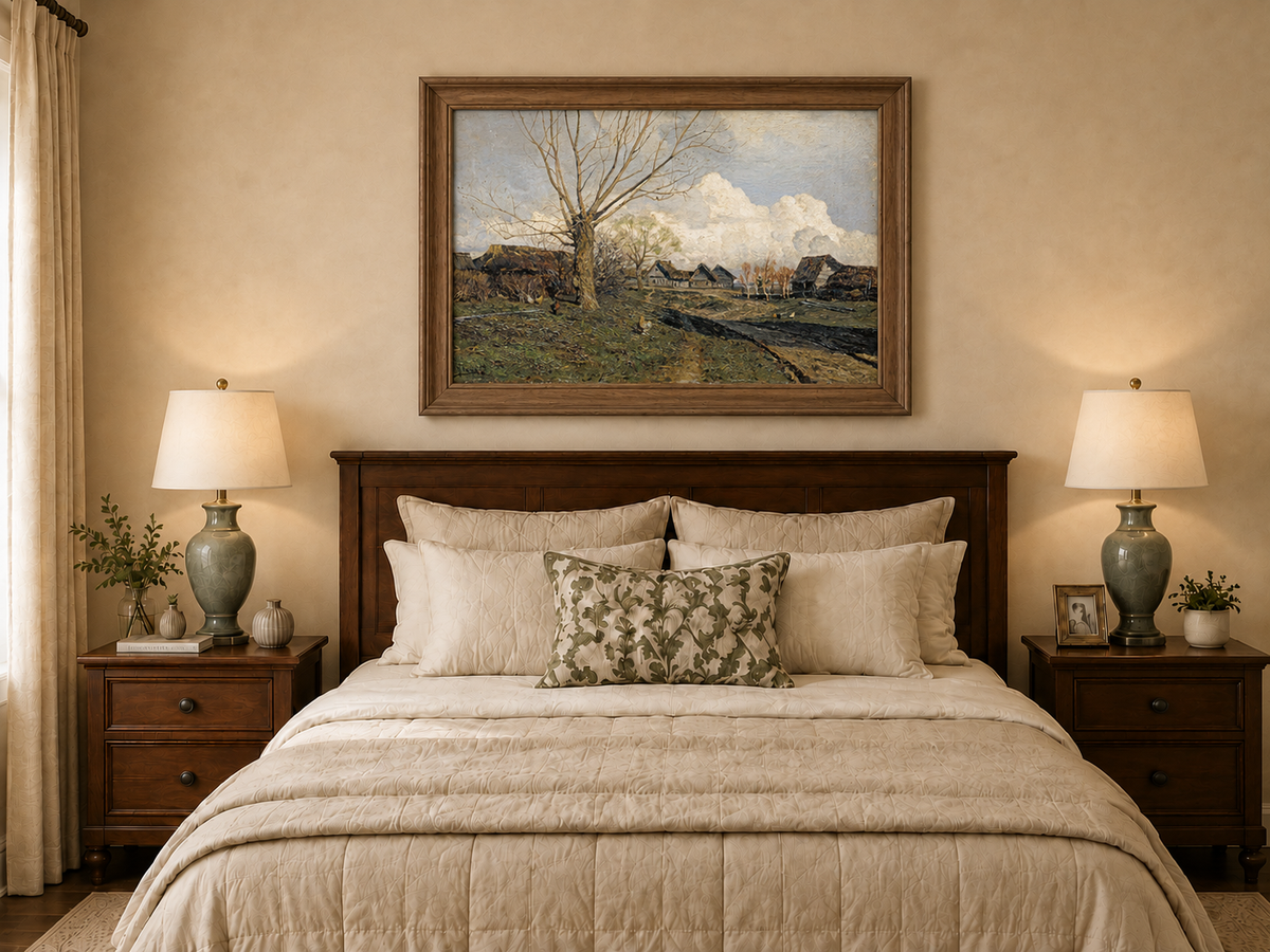 Landscape Oil Painting - Rustic Village with Bare Tree
