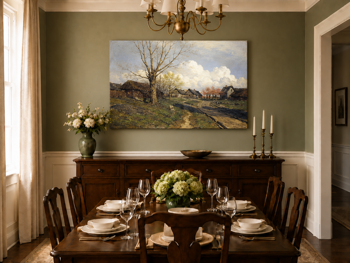 Landscape Oil Painting - Rustic Village with Bare Tree