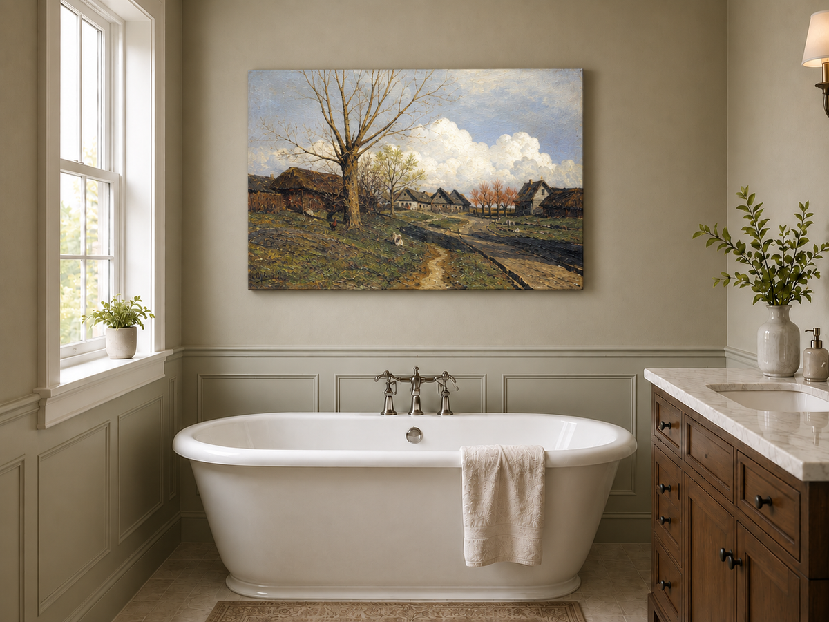 Landscape Oil Painting - Rustic Village with Bare Tree