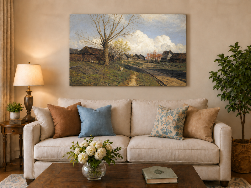 Landscape Oil Painting - Rustic Village with Bare Tree