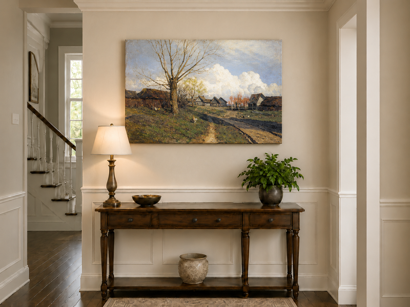 Landscape Oil Painting - Rustic Village with Bare Tree