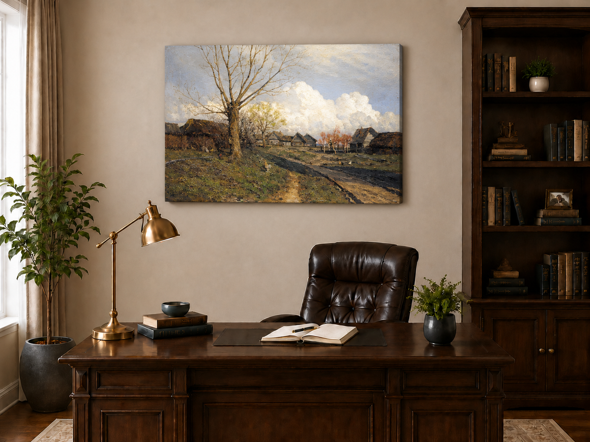 Landscape Oil Painting - Rustic Village with Bare Tree