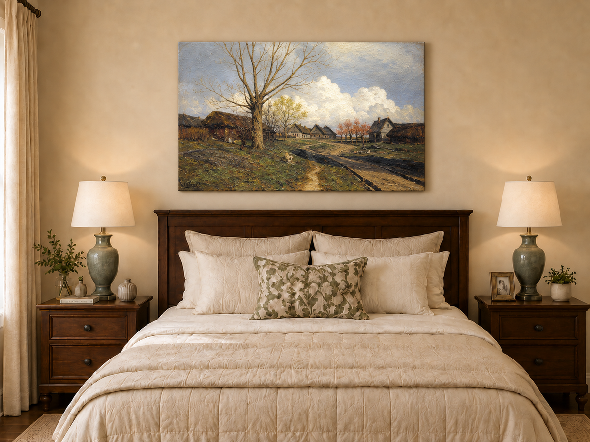 Landscape Oil Painting - Rustic Village with Bare Tree