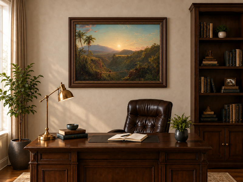 Landscape Oil Painting - Tropical Valley Sunset Bridge View