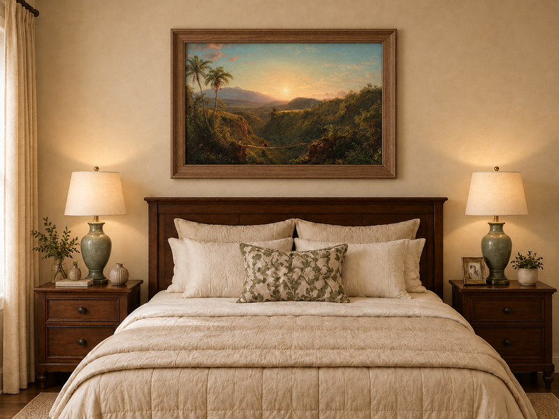 Landscape Oil Painting - Tropical Valley Sunset Bridge View