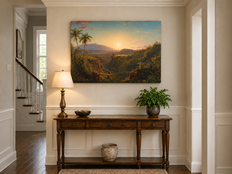 Landscape Oil Painting - Tropical Valley Sunset Bridge View