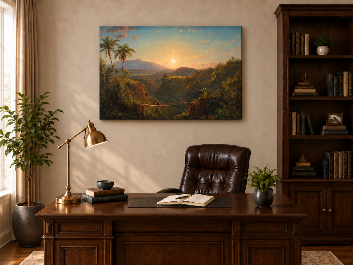 Landscape Oil Painting - Tropical Valley Sunset Bridge View