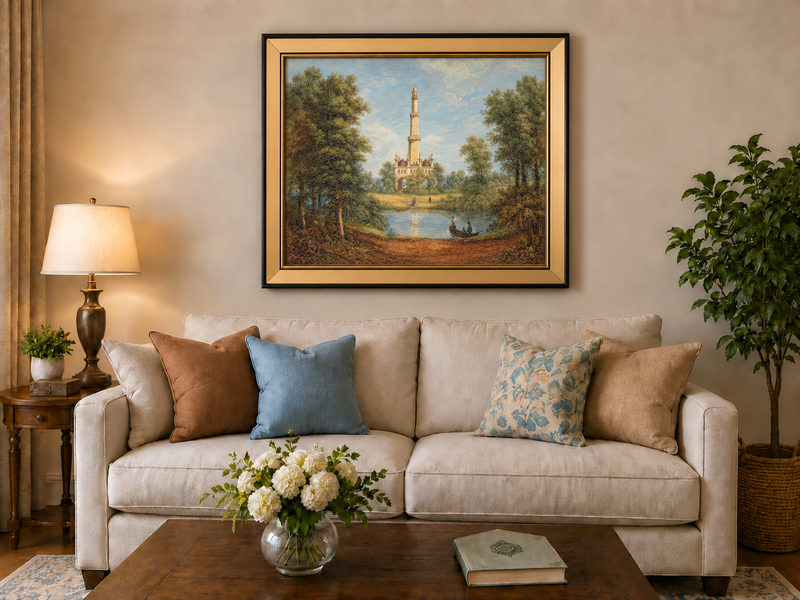 Landscape Oil Painting - Turkish Tower by River Scene