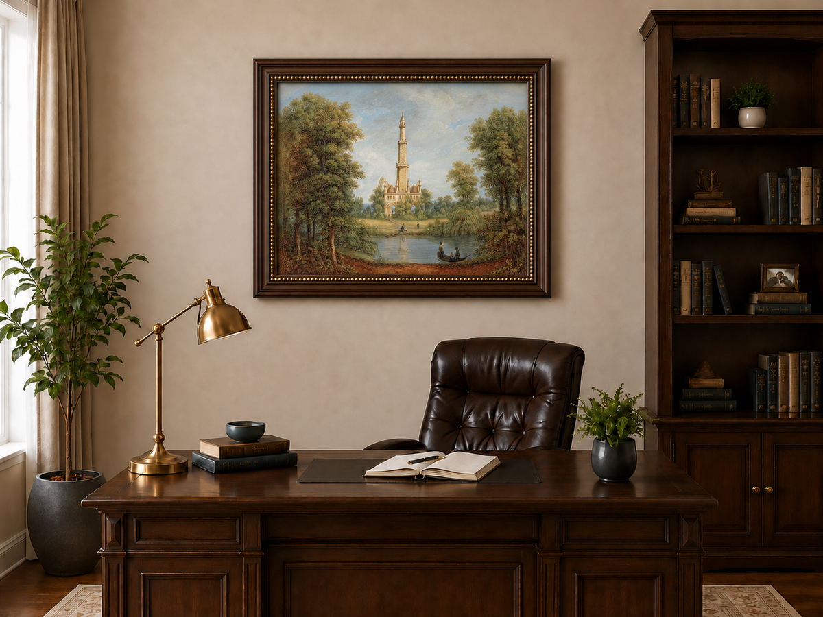 Landscape Oil Painting - Turkish Tower by River Scene