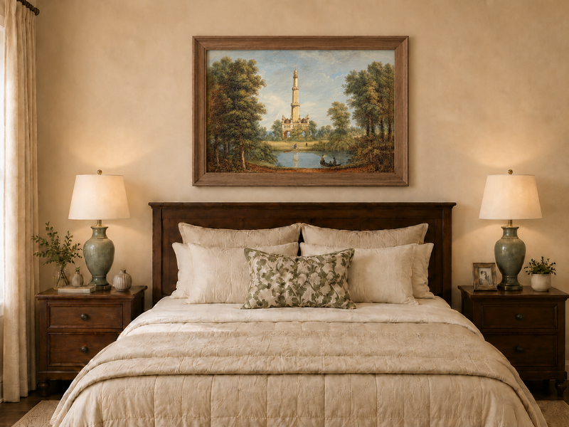 Landscape Oil Painting - Turkish Tower by River Scene