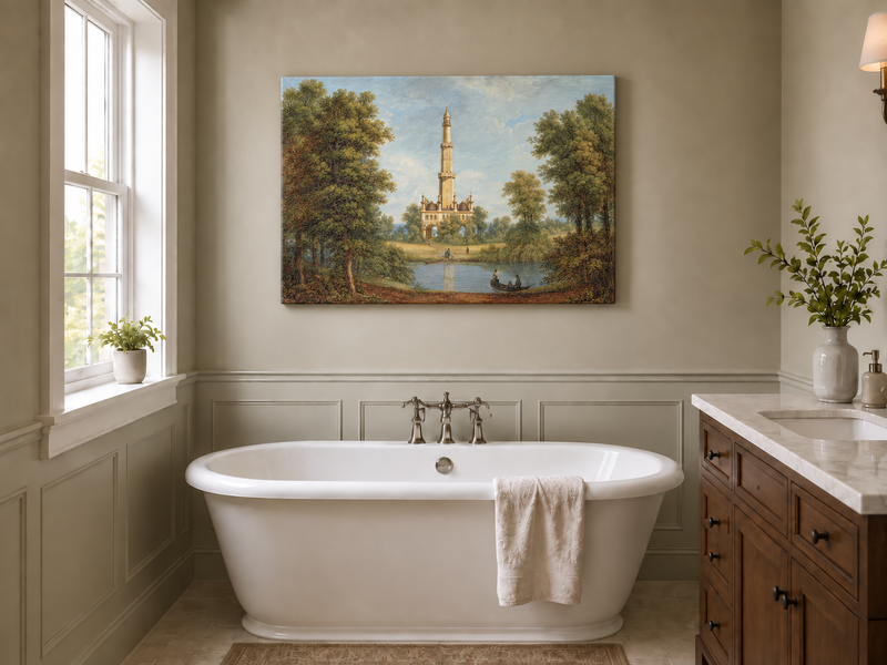 Landscape Oil Painting - Turkish Tower by River Scene