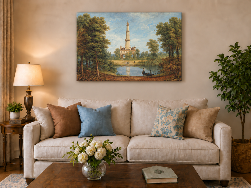 Landscape Oil Painting - Turkish Tower by River Scene