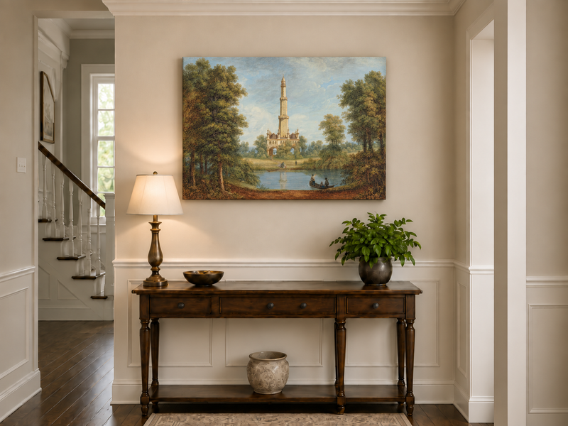 Landscape Oil Painting - Turkish Tower by River Scene