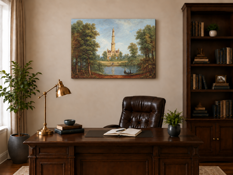 Landscape Oil Painting - Turkish Tower by River Scene