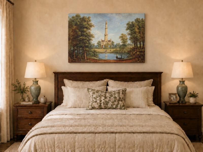 Landscape Oil Painting - Turkish Tower by River Scene