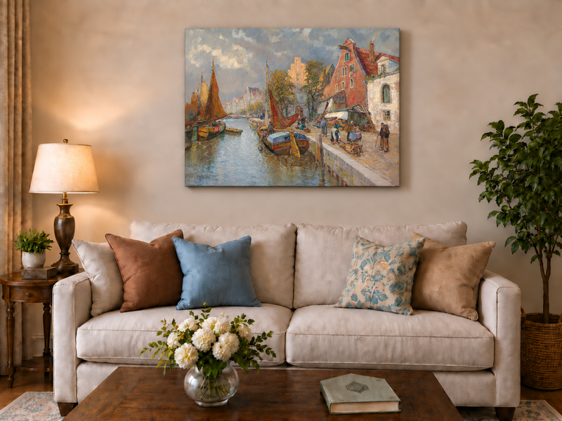 Peinture à l'huile de paysage - Marché animé sur un canal européen