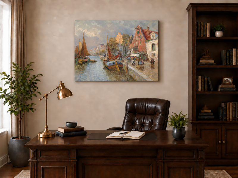Peinture à l'huile de paysage - Marché animé sur un canal européen