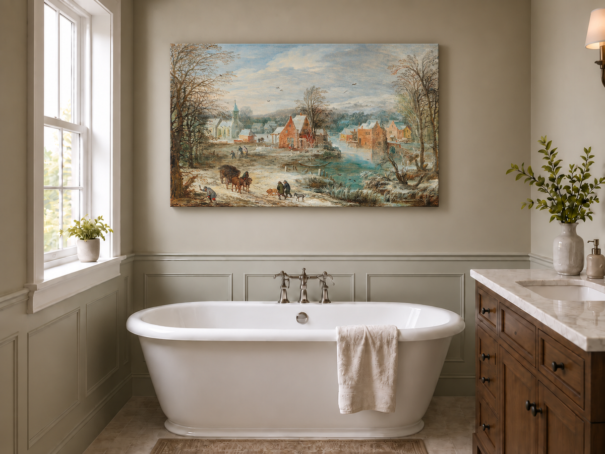 Peinture à l'huile de paysage - Village riverain en hiver avec église