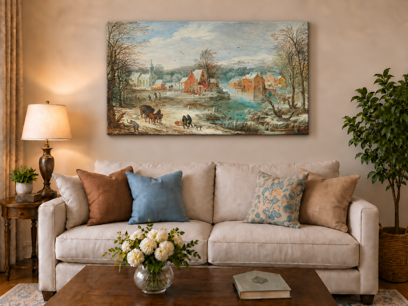 Peinture à l'huile de paysage - Village riverain en hiver avec église