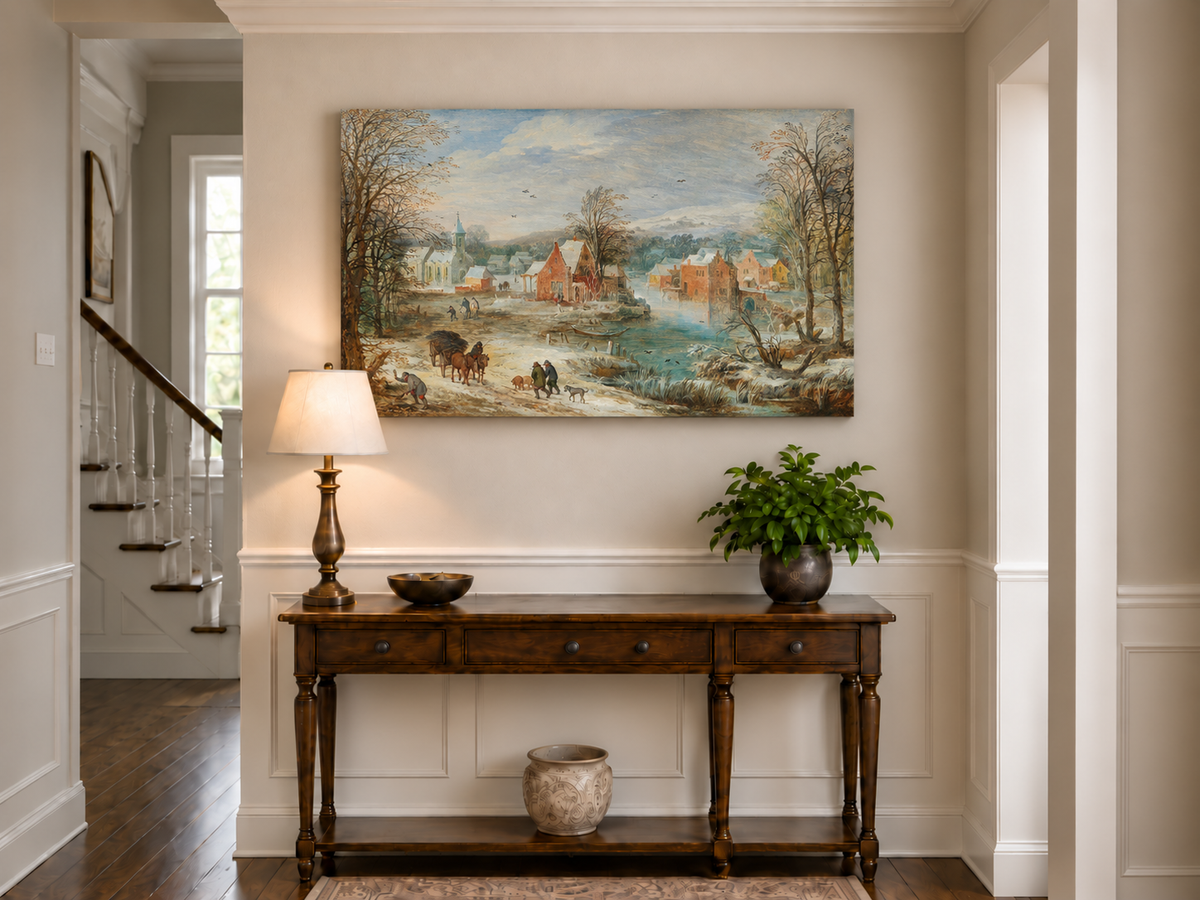 Peinture à l'huile de paysage - Village riverain en hiver avec église